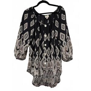 Fig and Flower women's black boho peasant 3/4 sleeve length blouse sz XL #1642